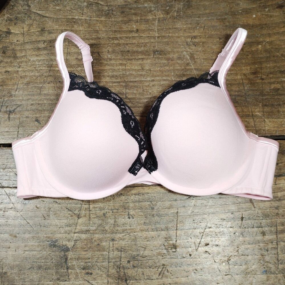 Cacique Bra 42C Underwire Pink Black Lace Accent